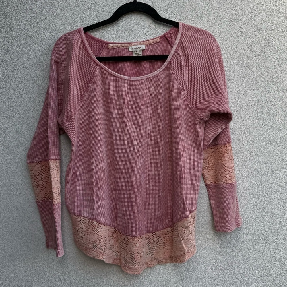 Sundance Pink Thermal Top Orange Lace Overlay Wide Scoop Neck Boxy Womens Medium